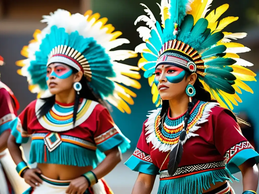 Un grupo de bailarines aztecas con trajes vibrantes y movimientos energéticos