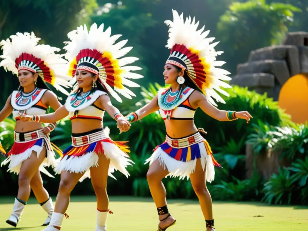 Un grupo de bailarines aztecas con trajes coloridos y tocados de plumas, realizando la ancestral Danza del Sol Azteca bajo el brillante sol