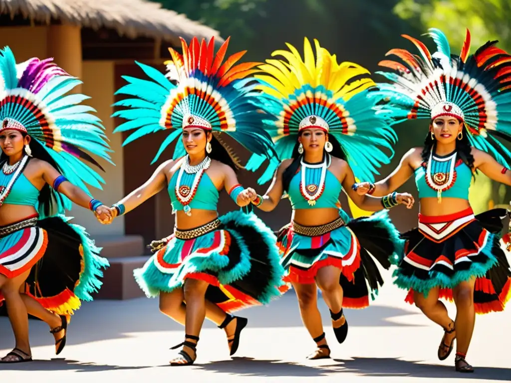 Grupo de bailarines aztecas en trajes tradicionales realizando una danza ceremonial en un entorno vibrante