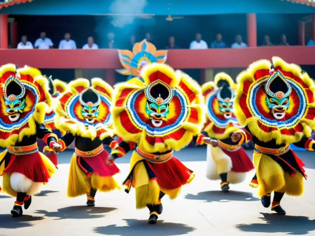 Grupo de bailarines Bakgatla realizando la danza del león en Botsuana, con atuendos tradicionales y una audiencia cautivada