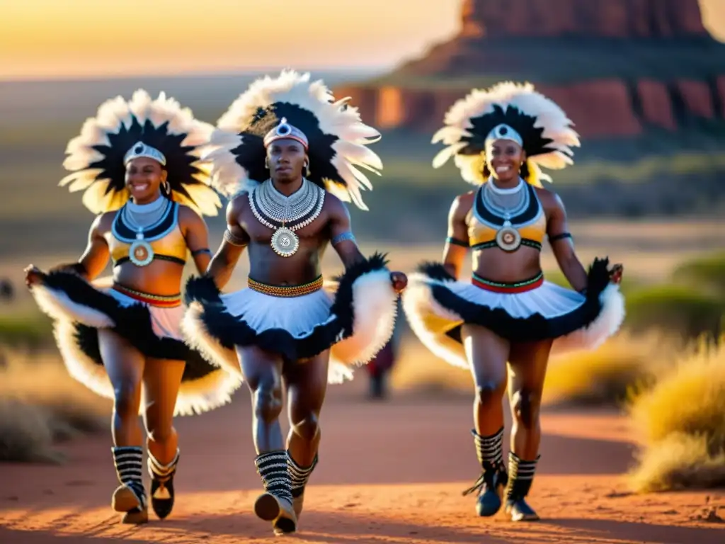 Grupo de bailarines Bakgatla en trajes tradicionales de león, danza dinámica en Botsuana, con paisaje vibrante al atardecer