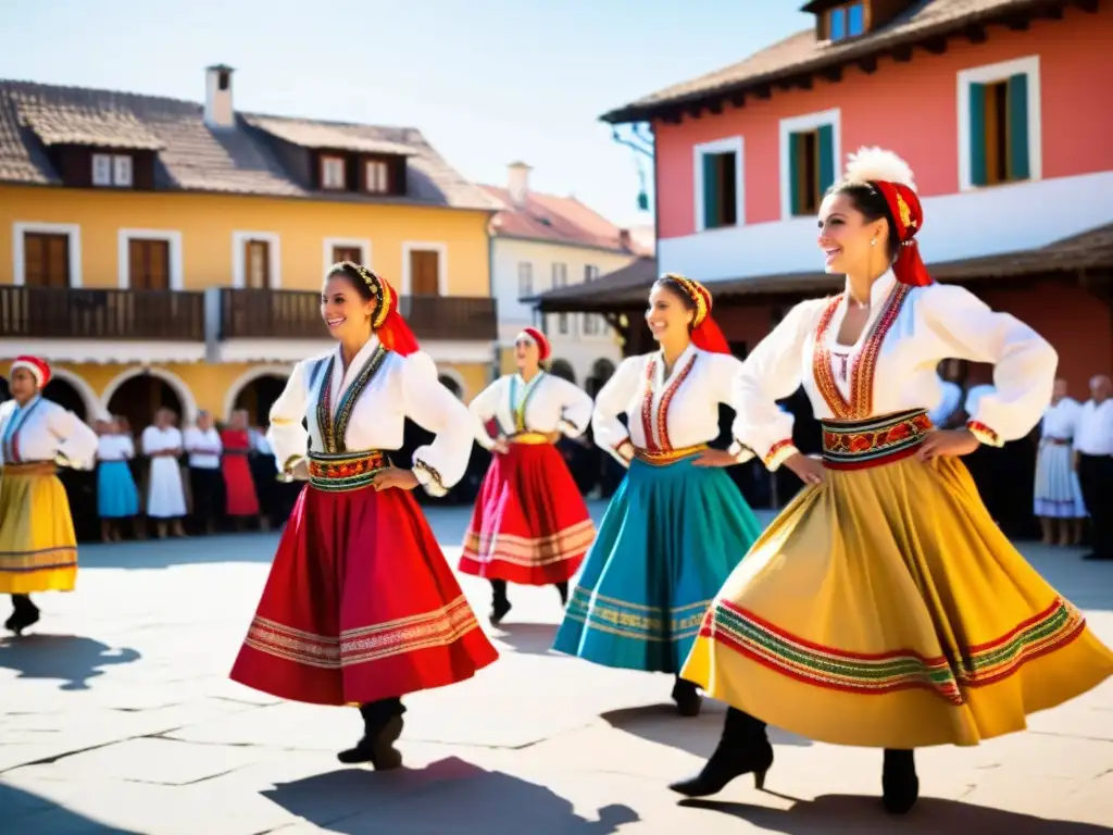 Grupo de bailarines balcánicos en trajes vibrantes, ejecutan movimientos intensos en una plaza animada