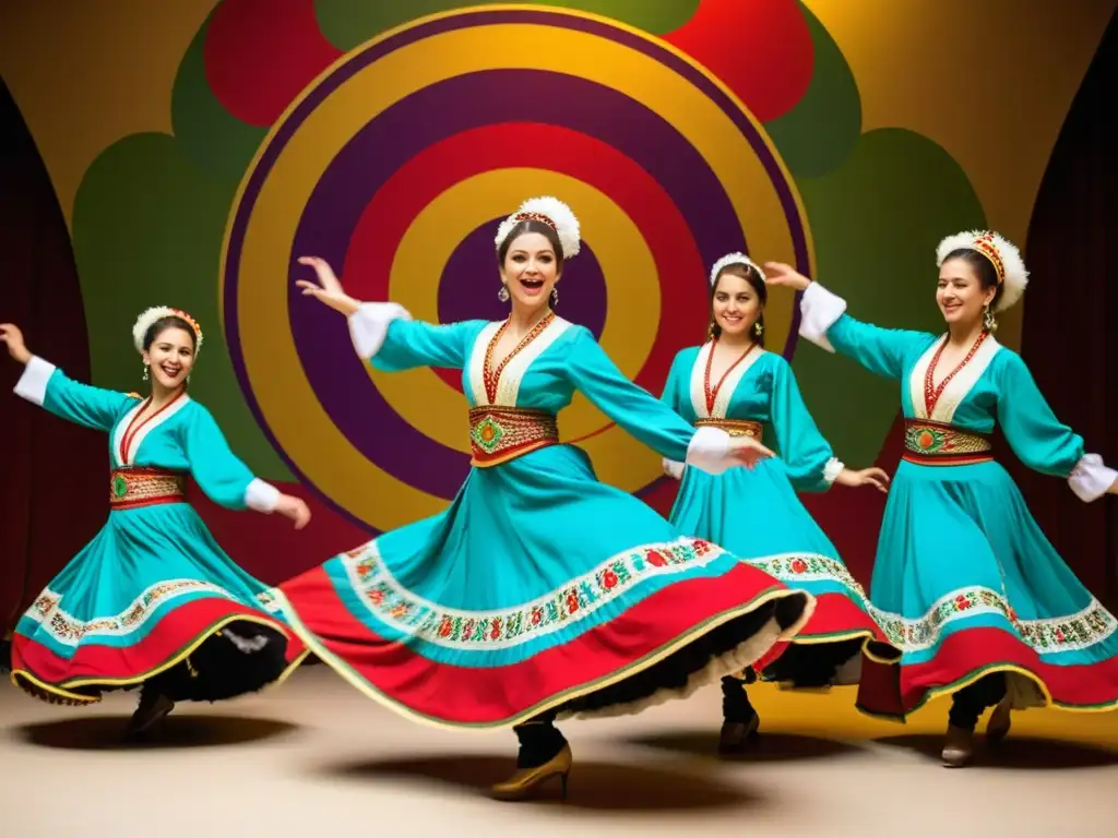 Un grupo de bailarines balcánicos en trajes coloridos girando al ritmo de la música otomana, rodeados de patrones vibrantes