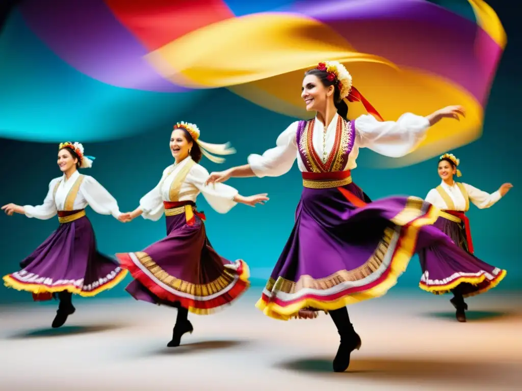 Grupo de bailarines balcánicos en vibrantes trajes tradicionales, ejecutando una danza dinámica en un festival animado