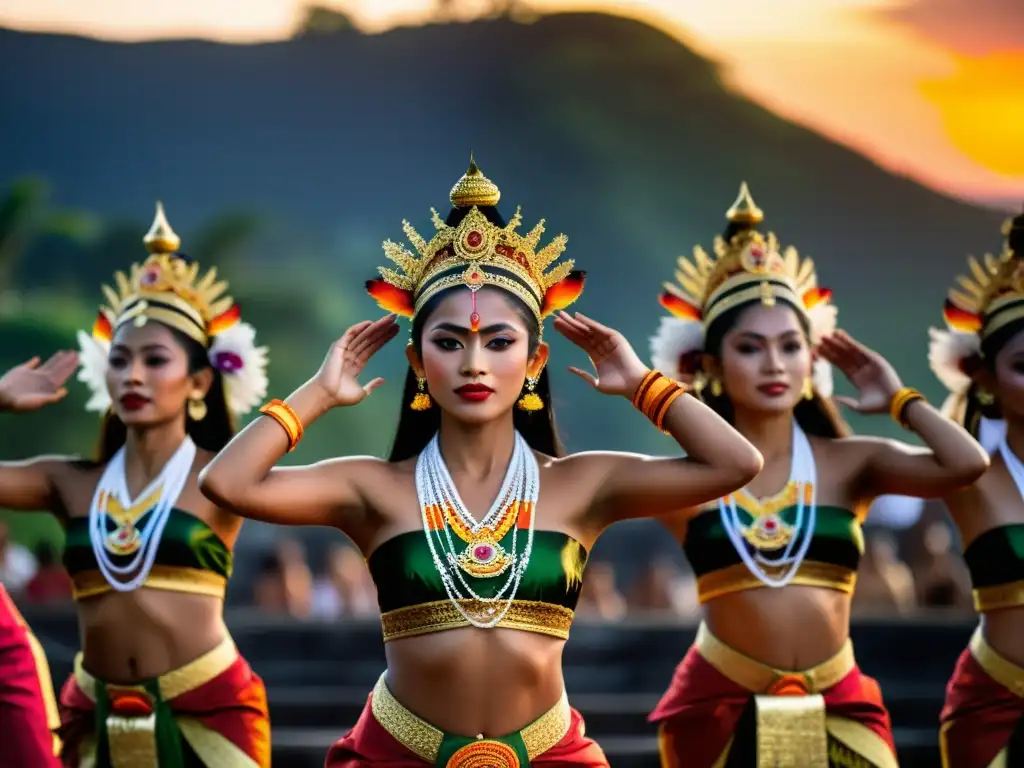 Grupo de bailarines balineses ejecutando el Kecak Balinés al atardecer frente a un templo, mostrando el significado y técnica del Kecak Balinés