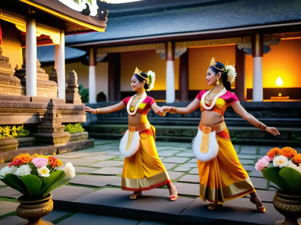 Un grupo de bailarines balineses realiza una danza sagrada en un templo, con vibrantes flores y tallados de piedra