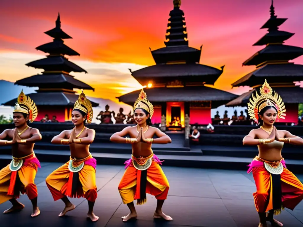 Un grupo de bailarines balineses realiza la danza Kecak al atardecer, con tonos naranjas y rosados pintando el cielo, mientras se mueven en patrones sincronizados y expresan la esencia de la danza ritual