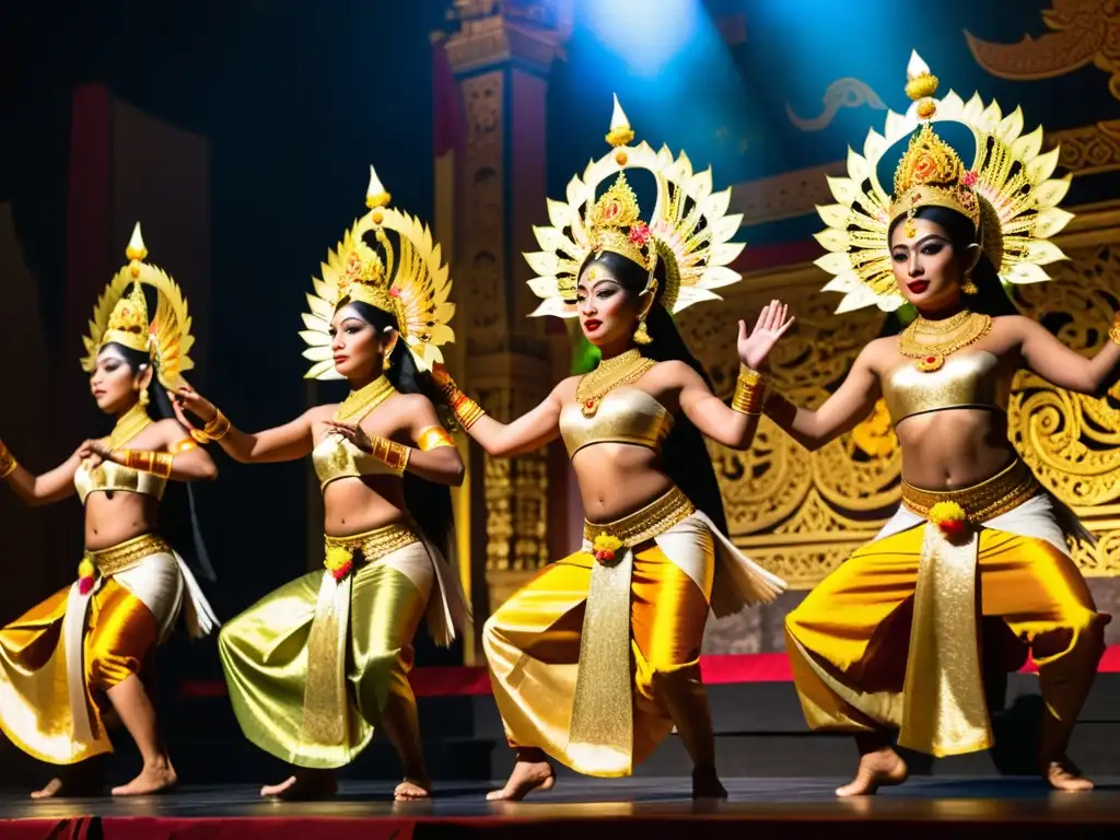 Grupo de bailarines balineses en escenario con vestimenta tradicional, interpretando escena del Ramayana con gracia y expresividad