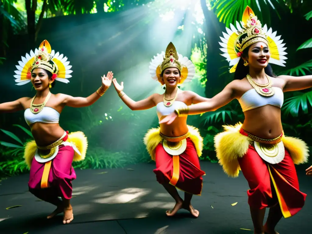 Grupo de bailarines balineses interpretando el Kecak en la exuberante selva, con movimientos y expresiones faciales