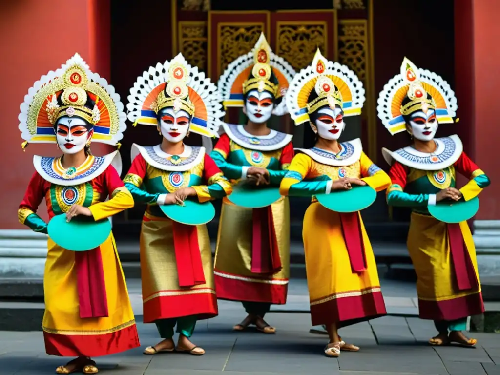 Grupo de bailarines balineses con máscaras Topeng y trajes elaborados realizando un ritual sagrado en un templo