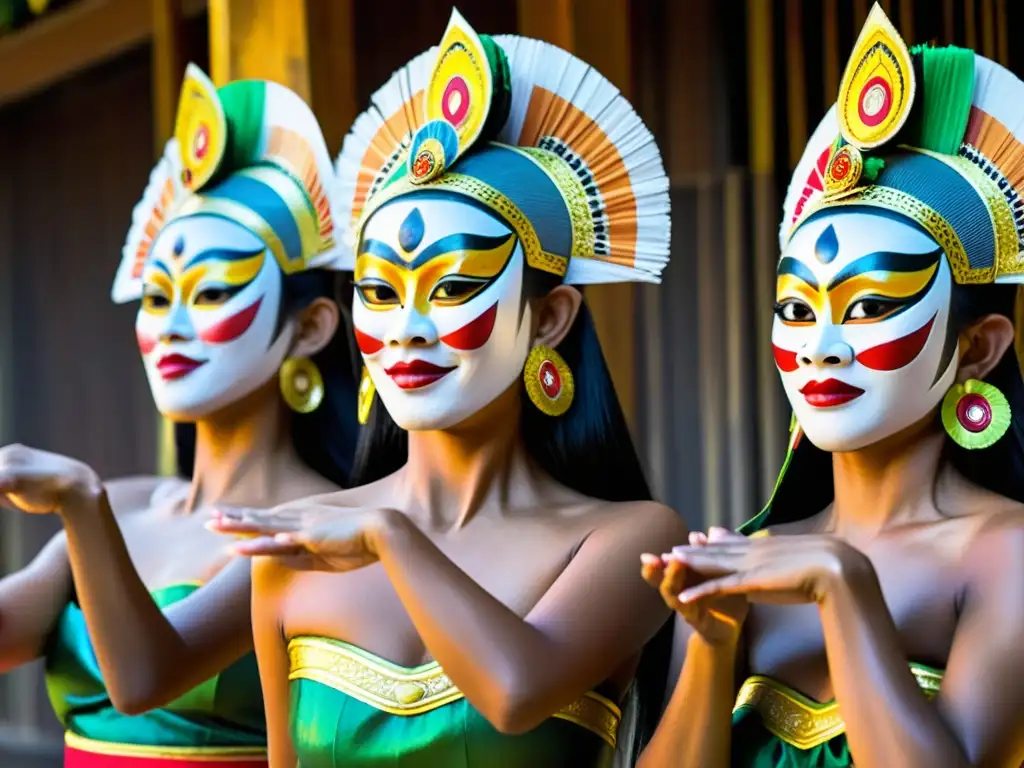 Grupo de bailarines balineses con máscaras Topeng, realizando la danza con gracia y significado cultural de la danza Topeng Bali