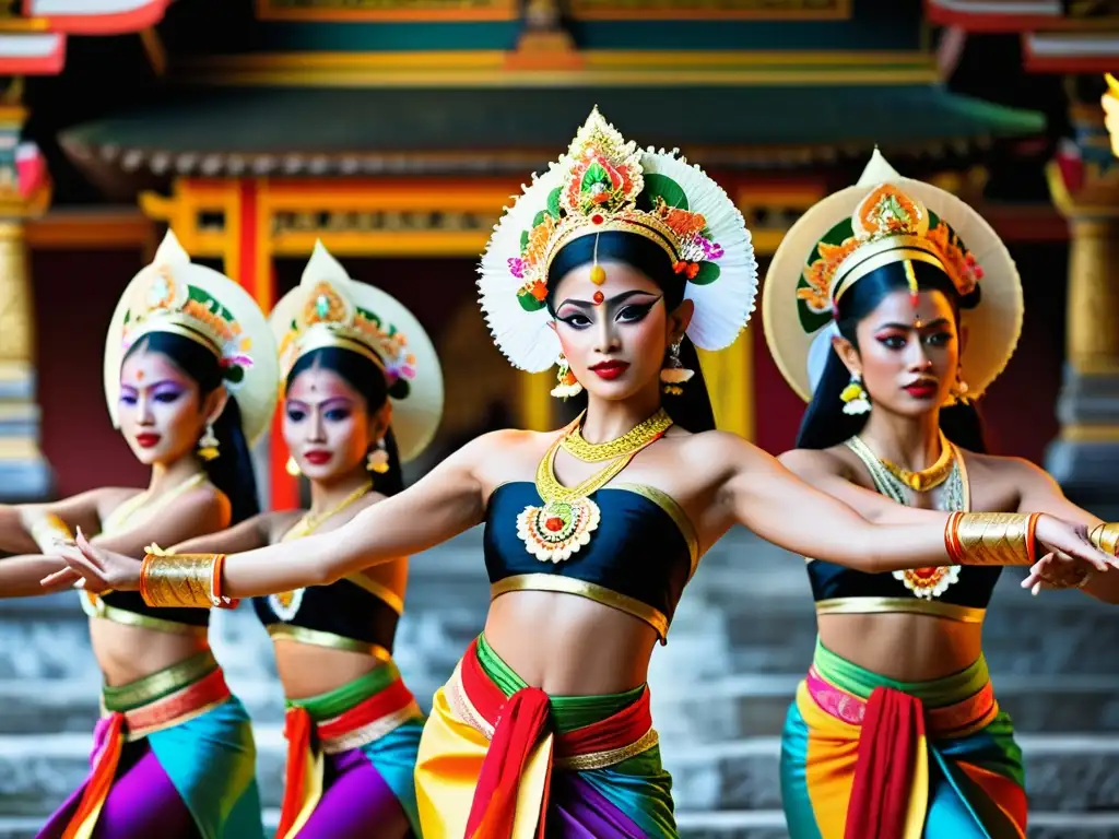 Un grupo de bailarines balineses interpretando movimientos de danza en un colorido y vibrante templo