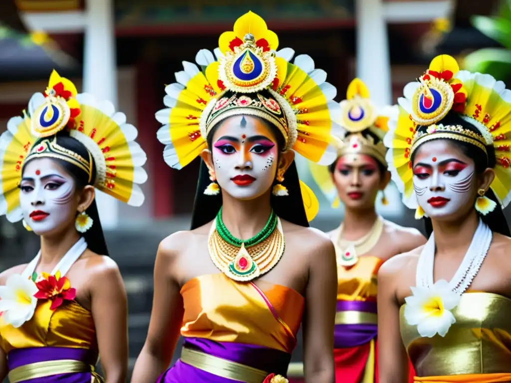 Grupo de bailarines balineses ejecutando un ritual sagrado durante el Festival de Danza de Bali, con trajes coloridos y expresiones concentradas