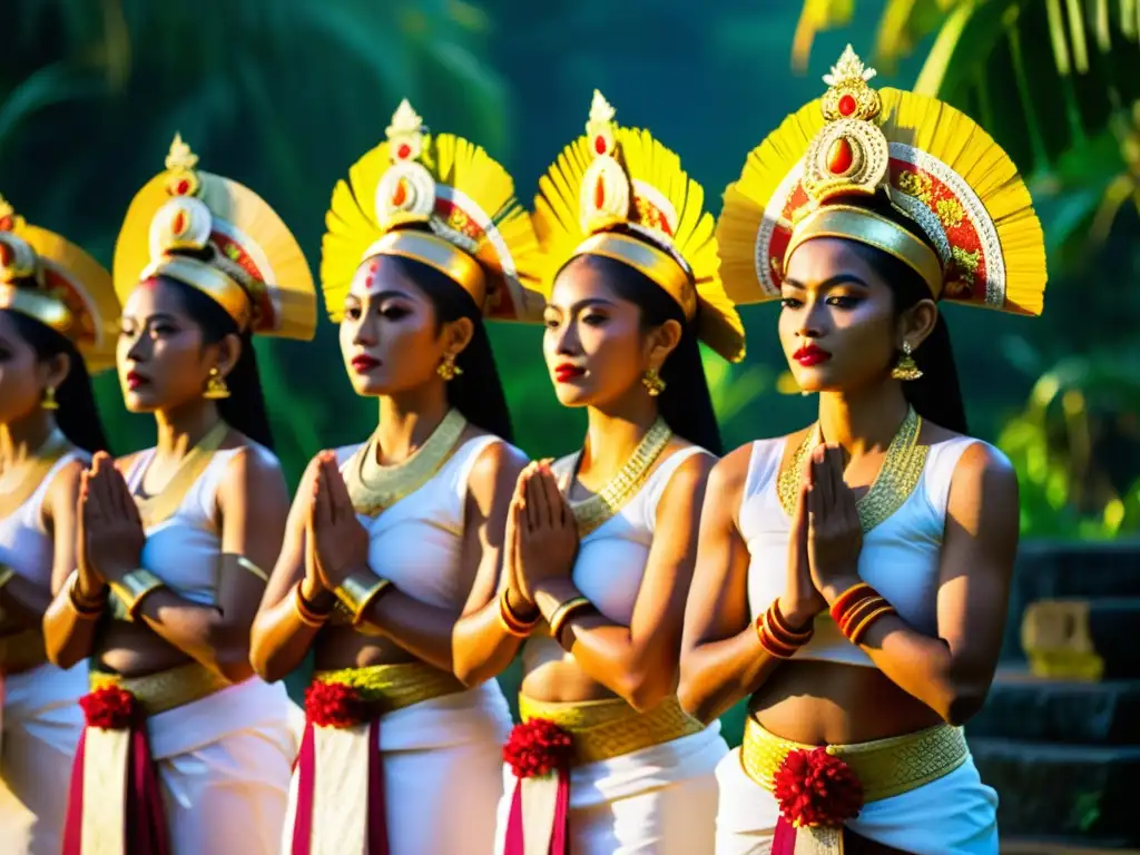 Grupo de bailarines balineses realiza el sagrado Barong dance en el Festival de Danza de Bali, entre exuberante vegetación y arquitectura de templo