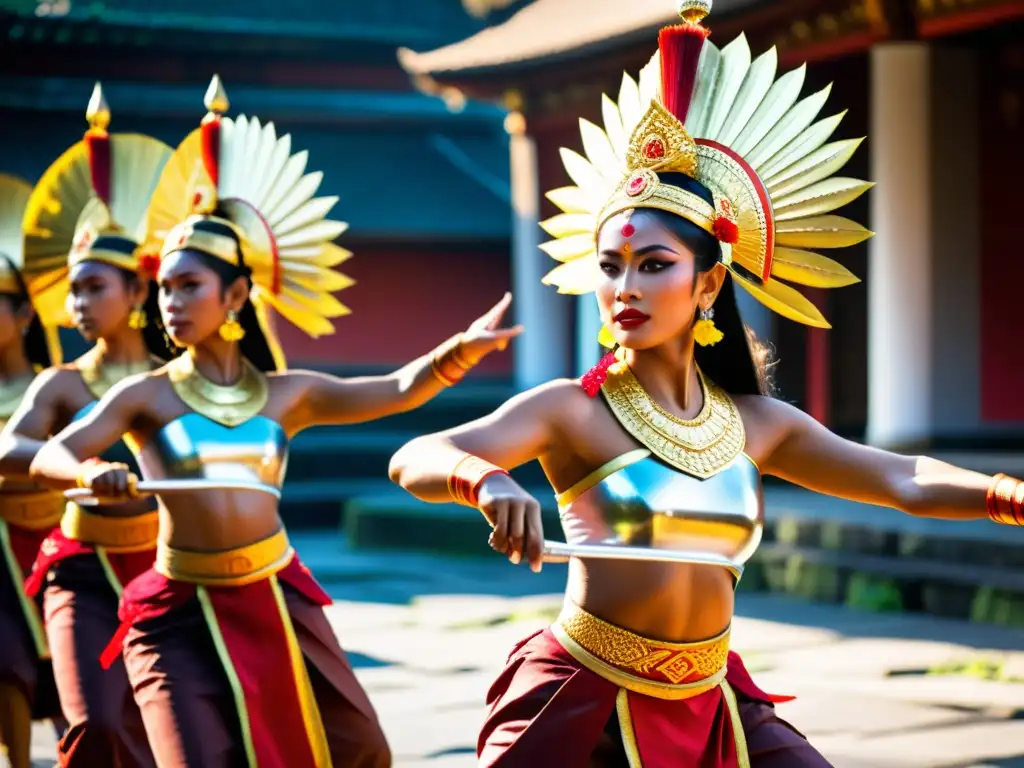 Grupo de bailarines balineses en trajes de guerreros ejecutando la danza Baris en un templo sagrado