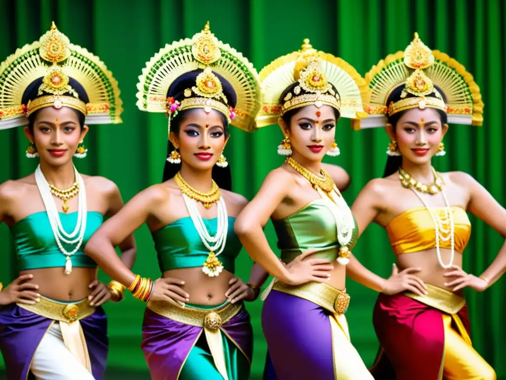 Grupo de bailarines balineses en trajes tradicionales, moviéndose con gracia al ritmo de la música gamelán, capturando la esencia de la transformación histórica de la danza balinesa