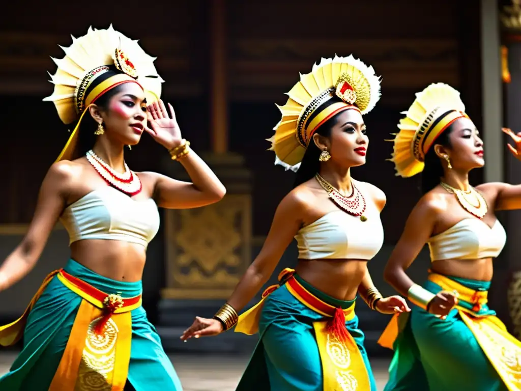 Grupo de bailarines balineses en trajes tradicionales vibrantes, realizando danza sagrada al ritmo de tambores