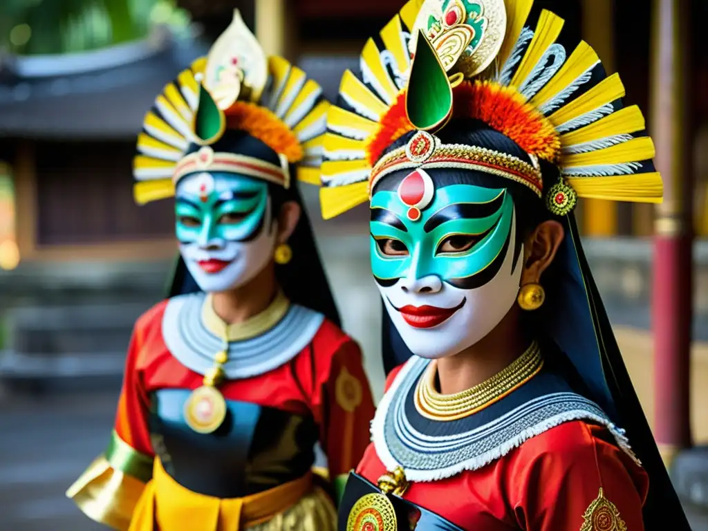 Grupo de bailarines balineses en trajes vibrantes y máscaras expresivas, realizando la danza Topeng Bali, transmitiendo su significado cultural