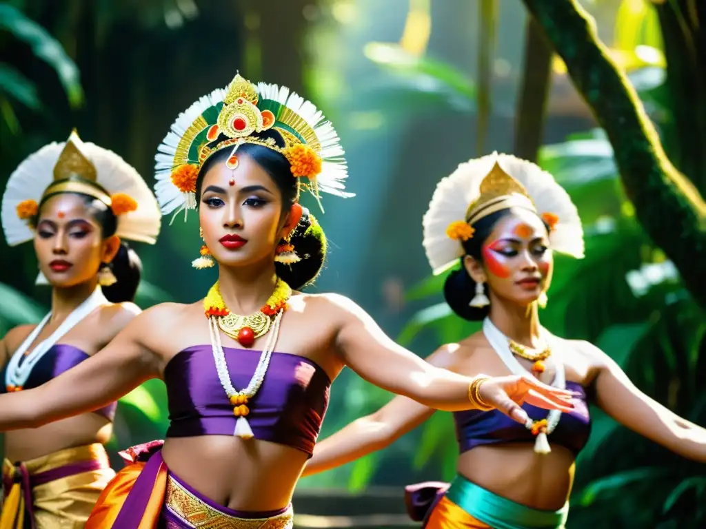 Grupo de bailarines balineses en trajes tradicionales realizando un festival de danza de Bali en medio de un exuberante bosque tropical