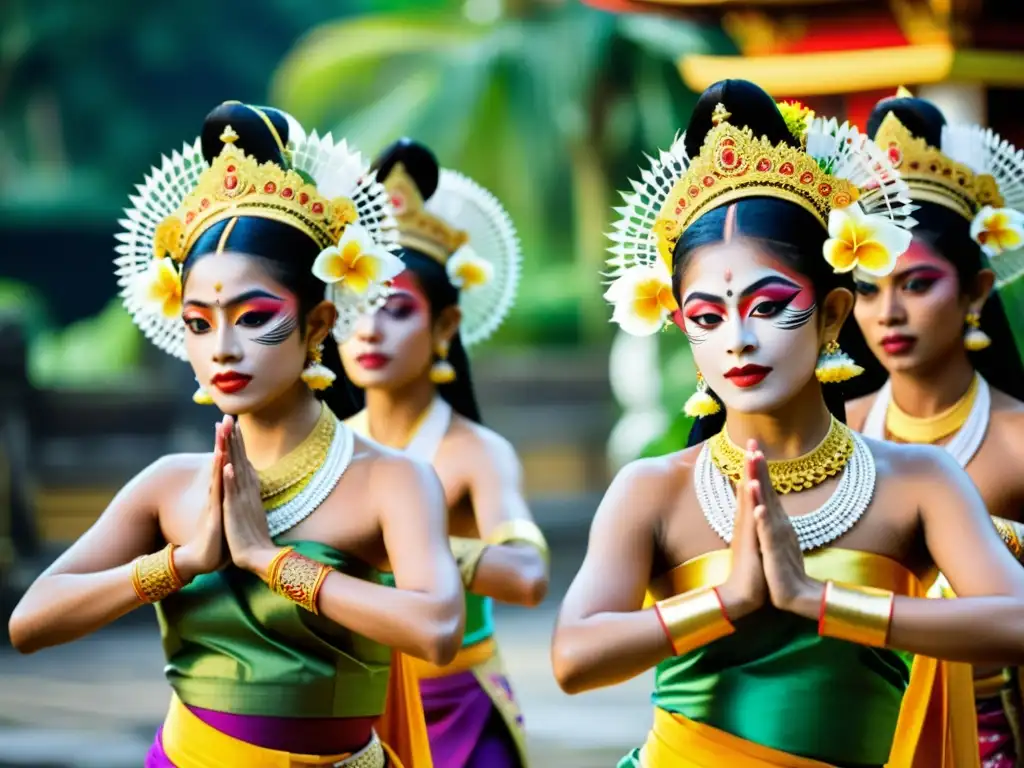 Grupo de bailarines balineses en trajes tradicionales y maquillaje elaborado, actuando en el Festival de Danza de Bali