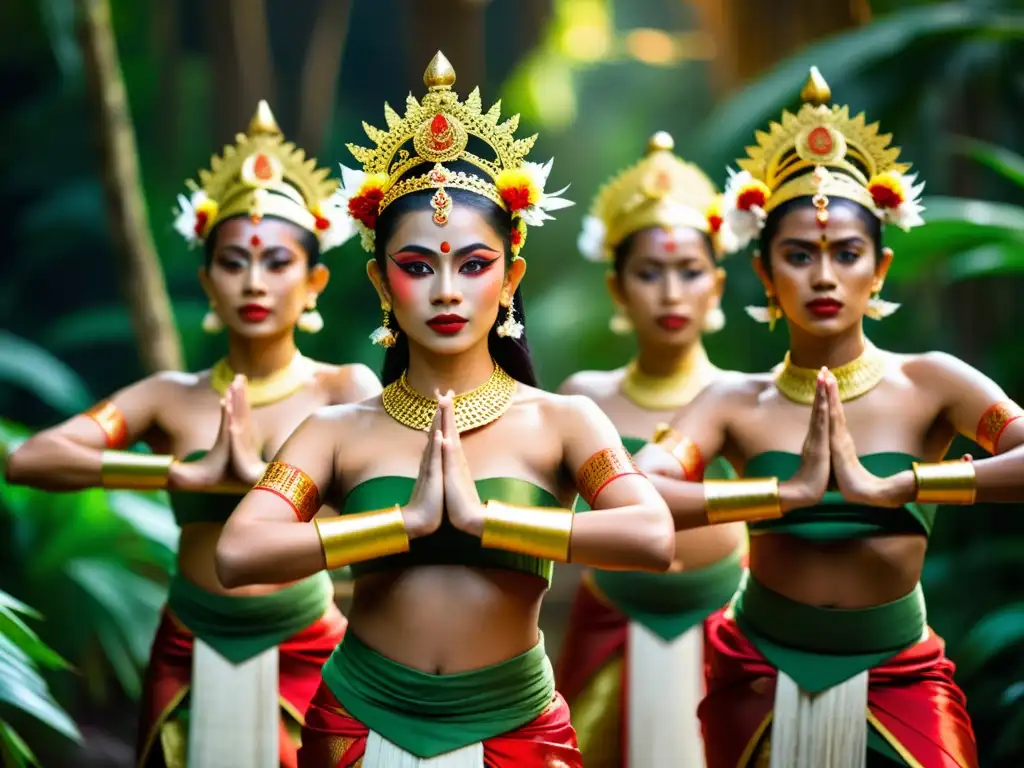 Grupo de bailarines balineses en trajes de guerreros tradicionales, mostrando fuerza y gracia en poses elegantes