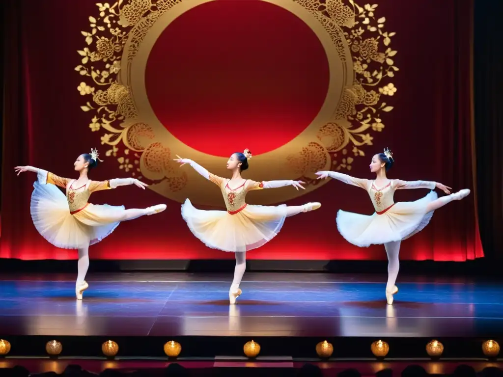 Grupo de bailarines de ballet chino ejecutando técnicas fundamentales con gracia y precisión en un escenario rojo y dorado, cautivando a la audiencia