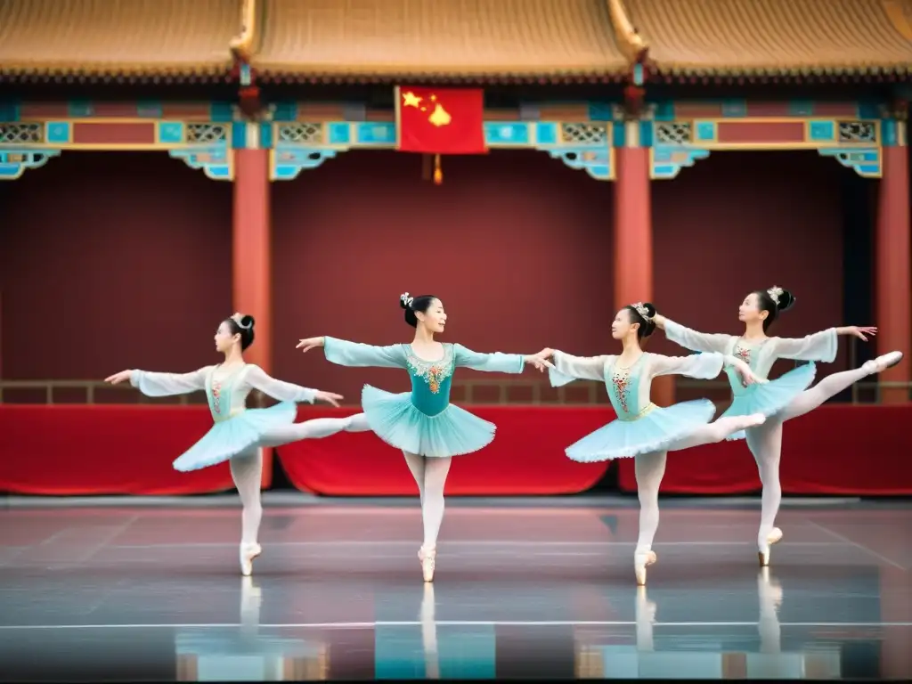 Grupo de bailarines de ballet chino realizando técnicas fundamentales en escenario con trajes tradicionales y arquitectura china de fondo