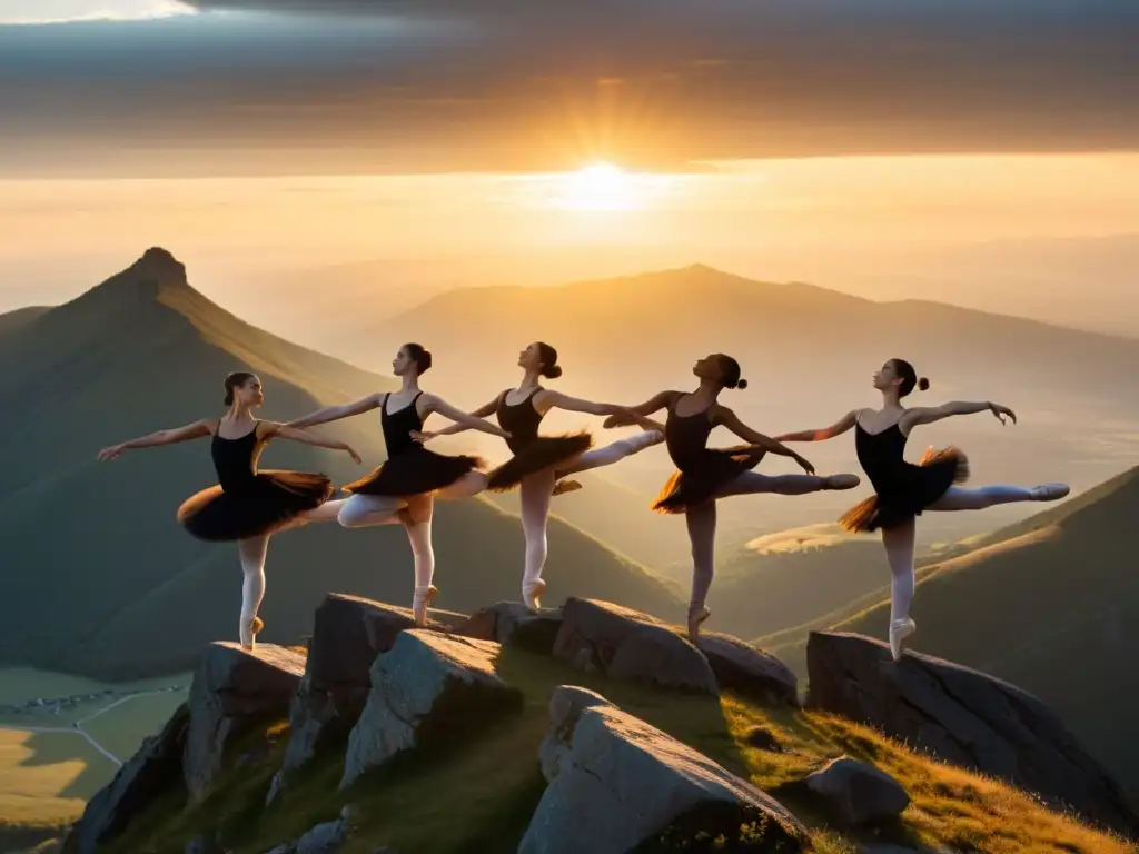 Grupo de bailarines practicando ballet en una cima montañosa al atardecer, mostrando la fuerza y gracia del entrenamiento de danza en alturas