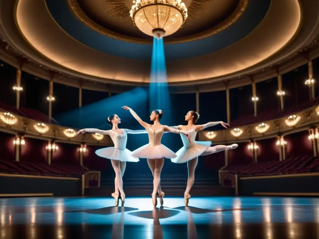 Grupo de bailarines de ballet clásico en un teatro opulento, capturando la pasión y elegancia