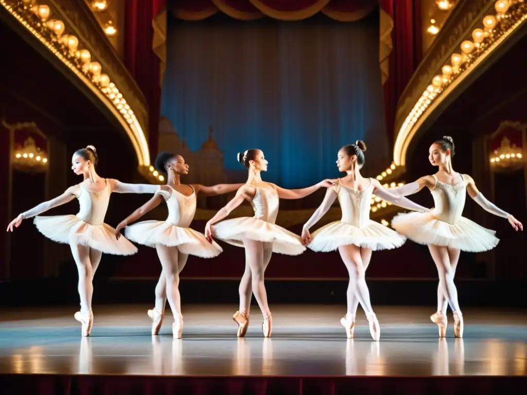 Grupo de bailarines de ballet clásico en arabesque en pointe, con elegancia y precisión