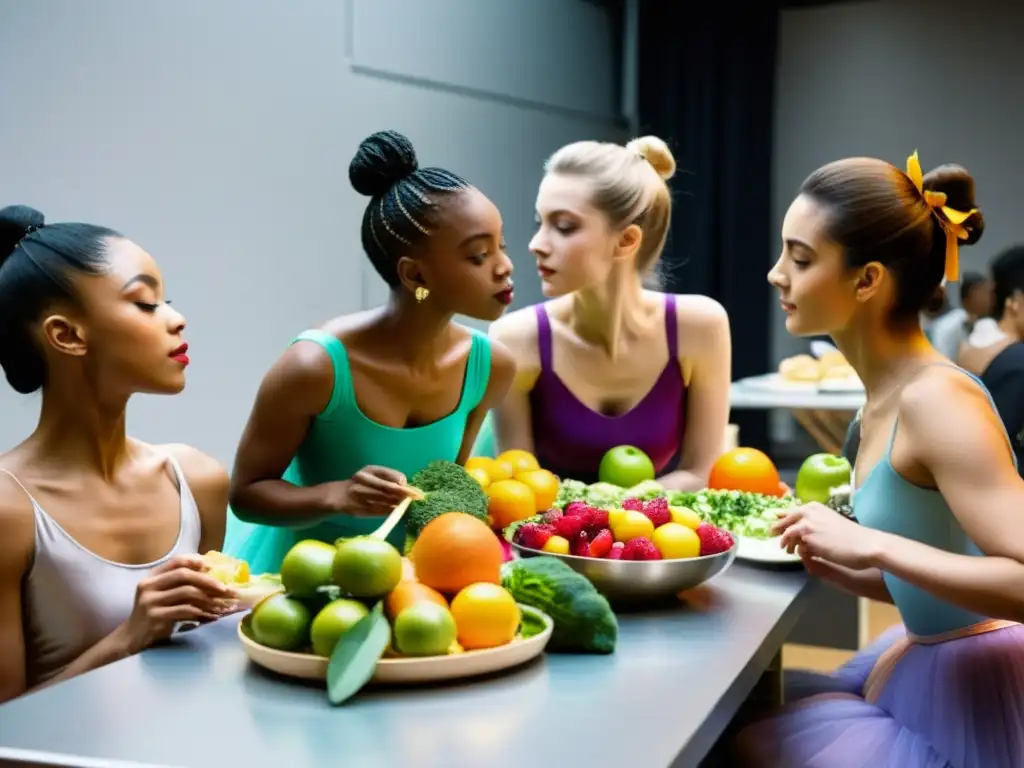 Un grupo de bailarines de ballet comparte una comida saludable y se prepara con determinación para la gira