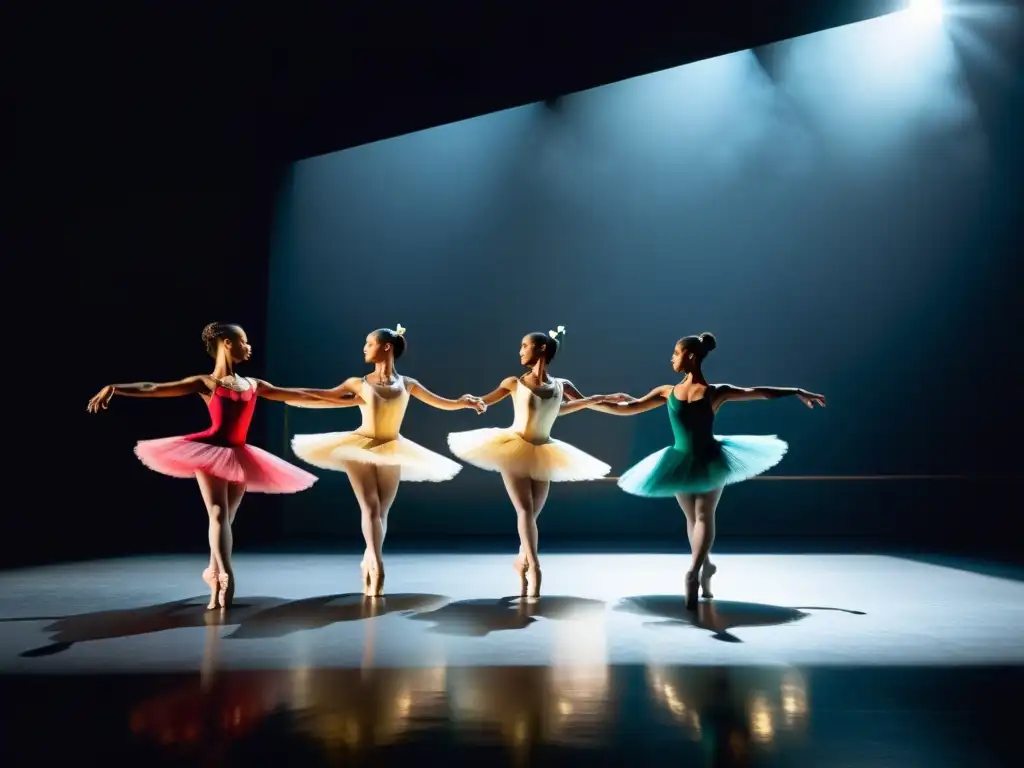 Grupo de bailarines de ballet con consejos control peso bailarines, realizando movimientos elegantes en el escenario, destacando fuerza y gracia