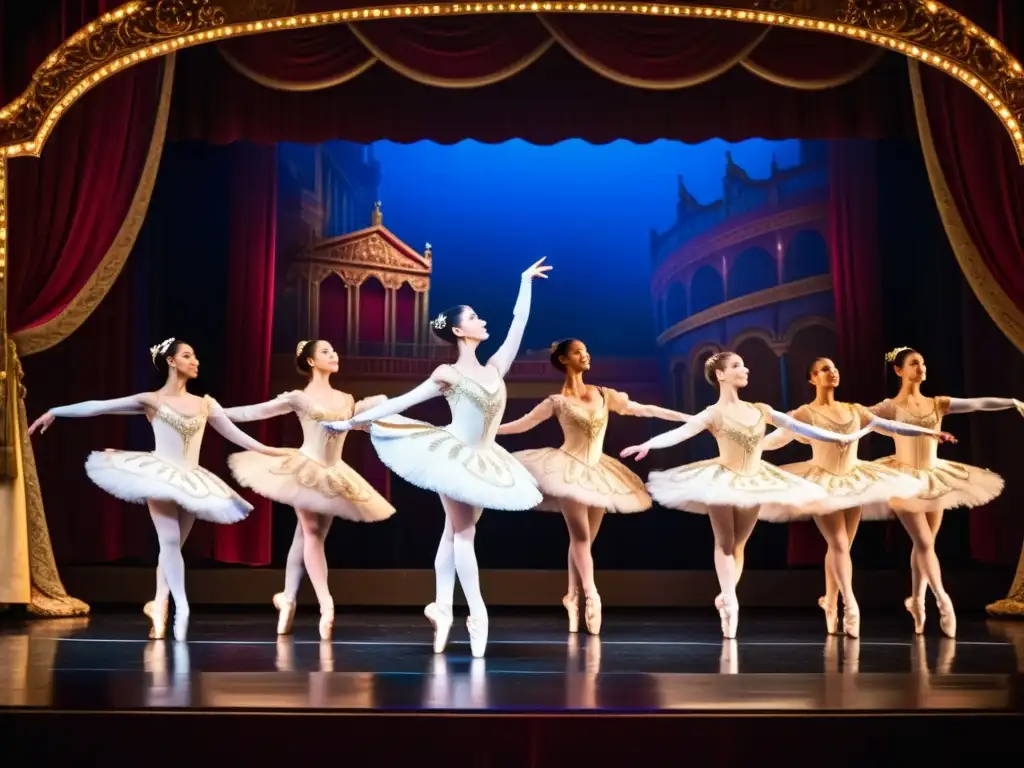 Grupo de bailarines de ballet de élite en salto dramático en el escenario