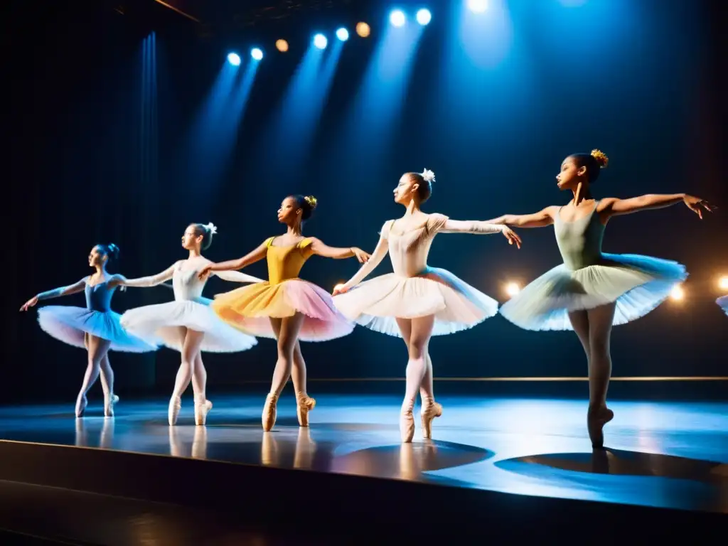 Grupo de bailarines de ballet en un escenario iluminado por un foco, capturando la esencia de la danza en un ambiente evocador