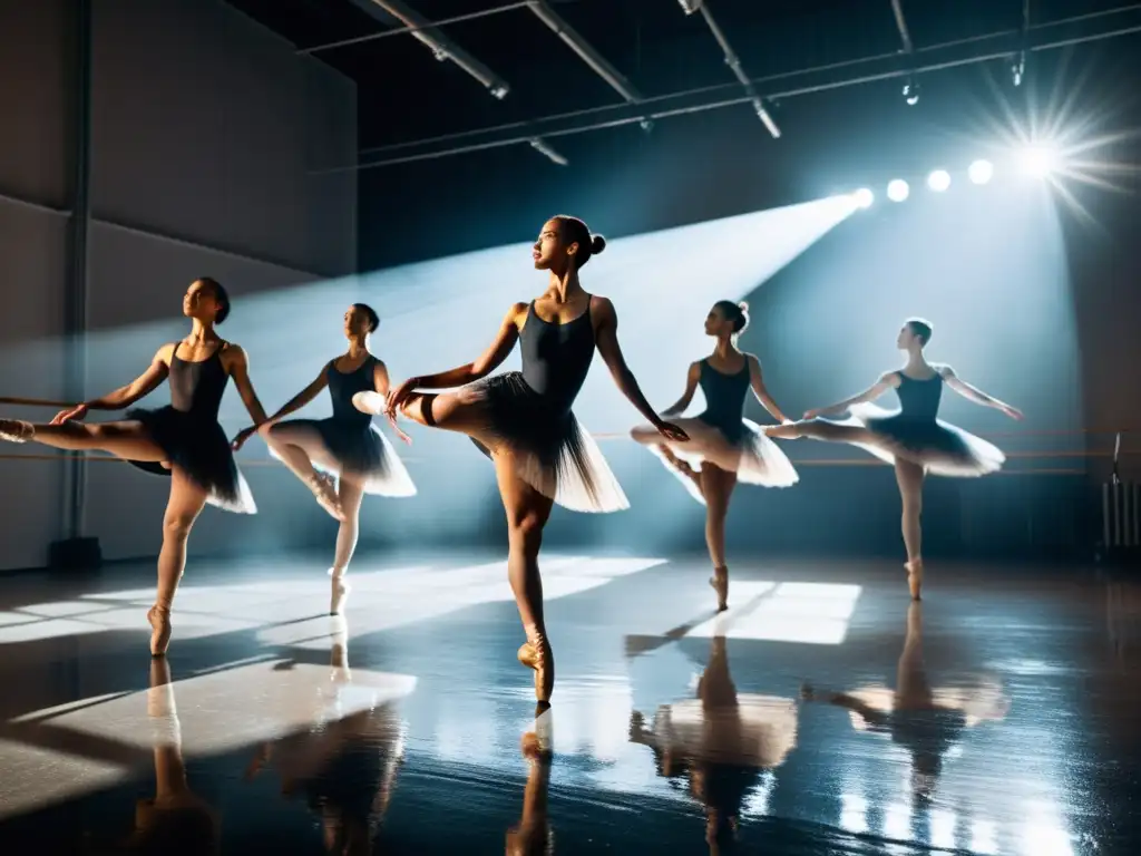 Grupo de bailarines de ballet en estudio, ejecutando movimientos complejos con expresiones de intensa concentración