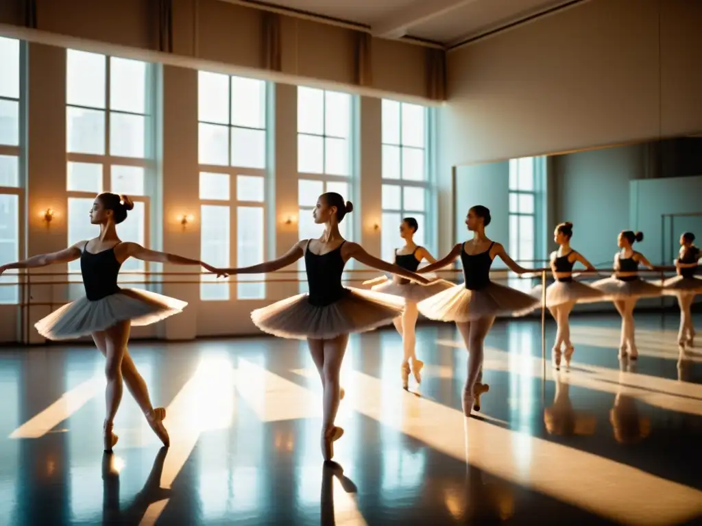 Grupo de bailarines de ballet practicando en un estudio iluminado por el sol, reflejando la elegancia y significado cultural del Festival de Danza de Varna