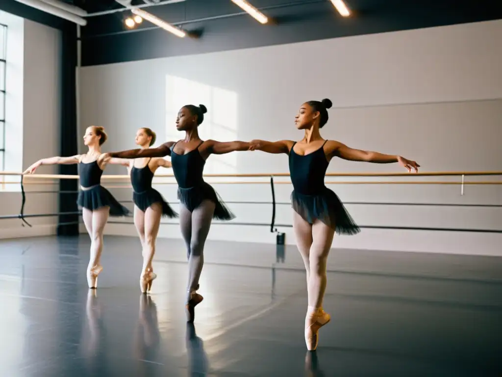 Grupo de bailarines de ballet practicando en un estudio espacioso y bien iluminado