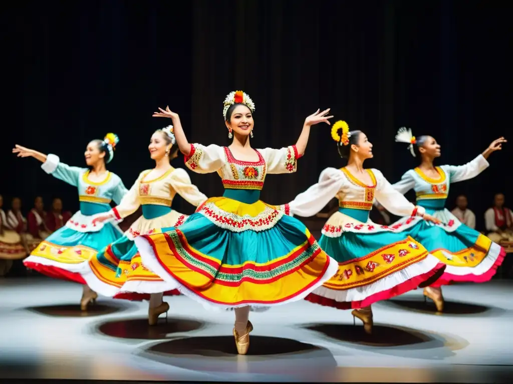 Un grupo de bailarines de ballet folclórico con trajes vibrantes y expresiones apasionadas, creando un impactante espectáculo visual