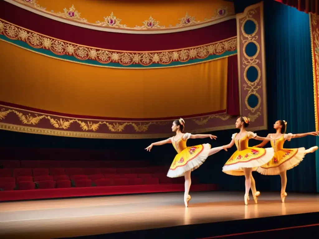 Grupo de bailarines de ballet folclórico en trajes vibrantes, actuando con gracia y pasión en un teatro ornado