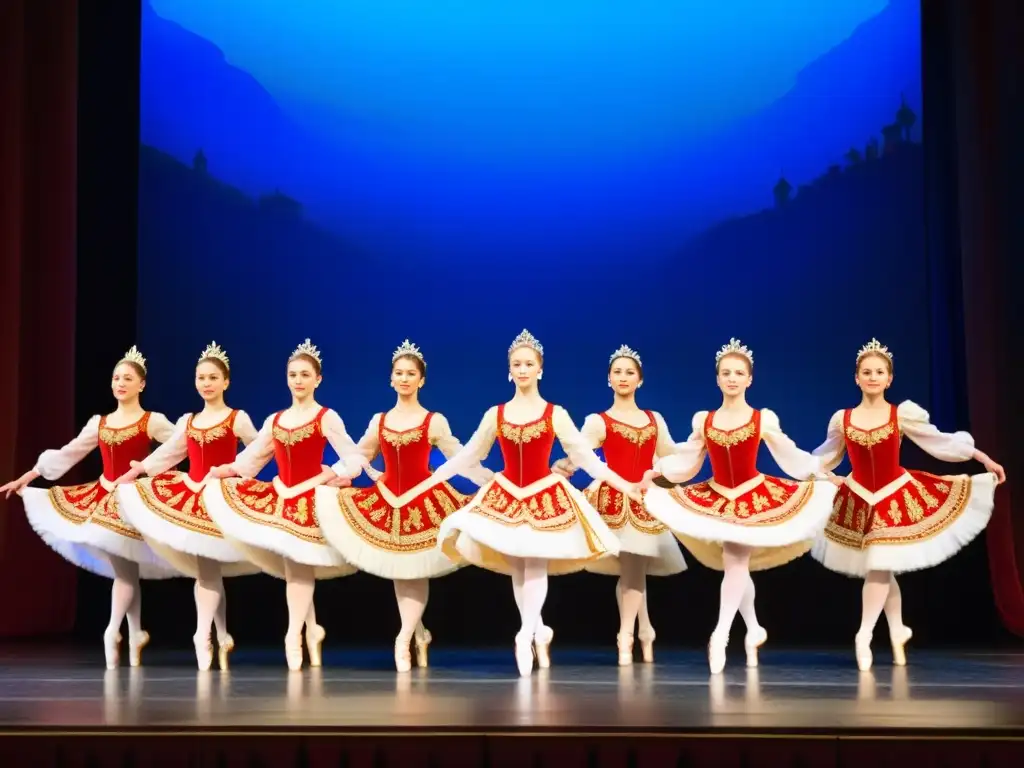 Grupo de bailarines de ballet folklórico ruso en escenario