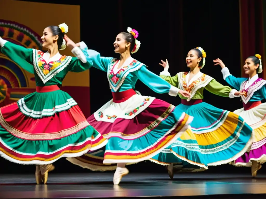 Grupo de bailarines de ballet folklórico mexicano mostrando técnicas tradicionales con trajes vibrantes y movimientos elegantes