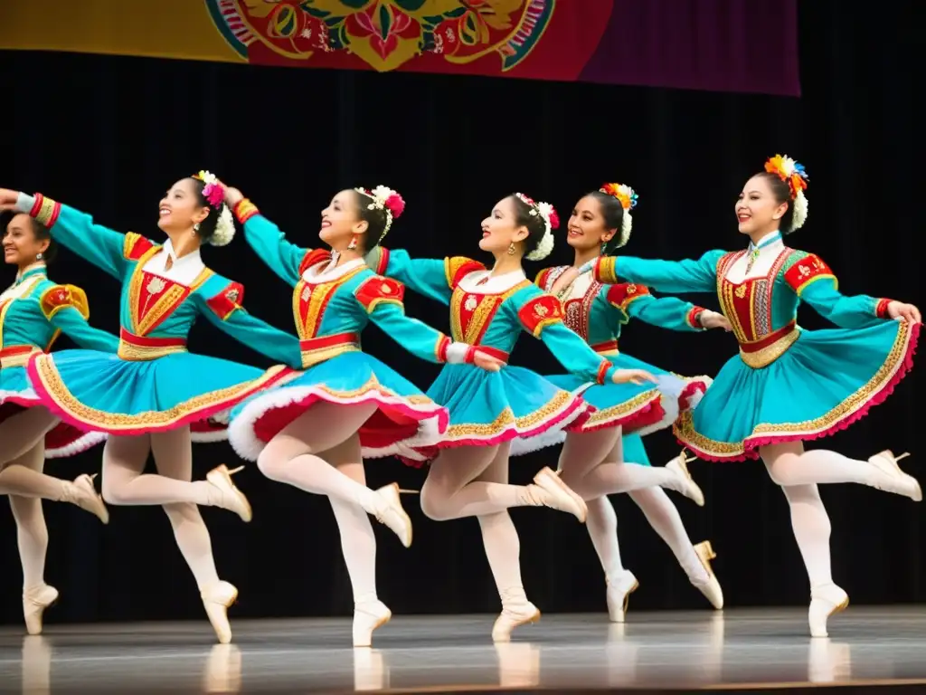 Grupo de bailarines de ballet folklórico ruso ejecutando una impresionante actuación en un escenario tradicional ruso