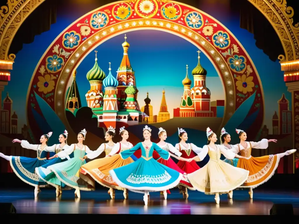 Grupo de bailarines de ballet folklórico ruso con trajes tradicionales en escenario grandioso