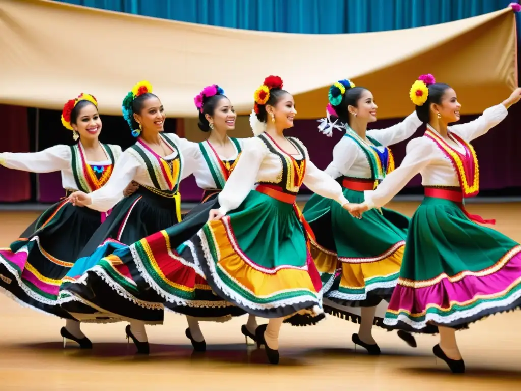 Grupo de bailarines de ballet folklórico mexicano con trajes tradicionales vibrantes, realizando una danza llena de pasión y tradición