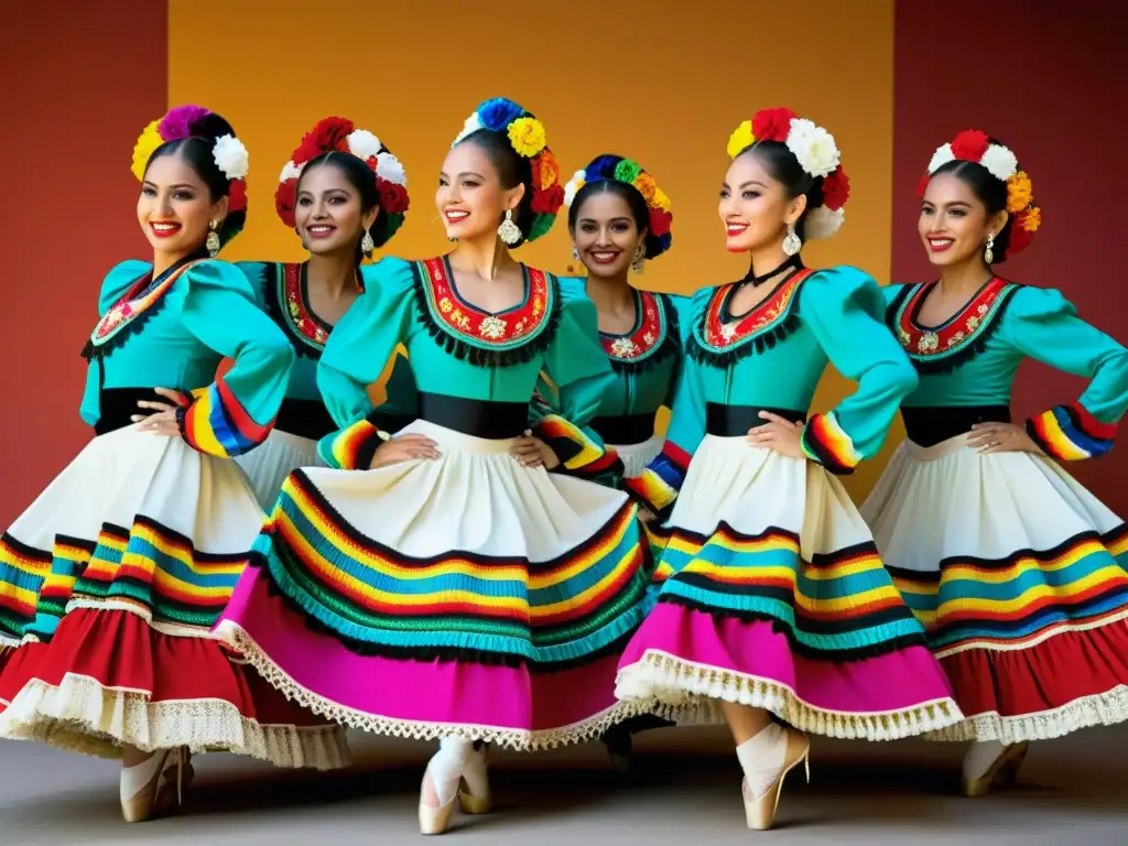 Grupo de bailarines de ballet folklórico mexicano en trajes vibrantes, mostrando técnicas tradicionales con gracia y pasión