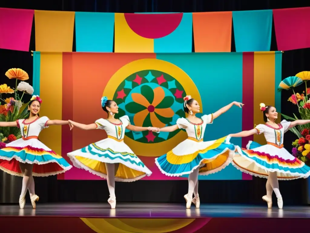 Grupo de bailarines de ballet folklórico mexicano en un escenario colorido, expresando pasión y gracia con técnicas de ballet folklórico mexicano