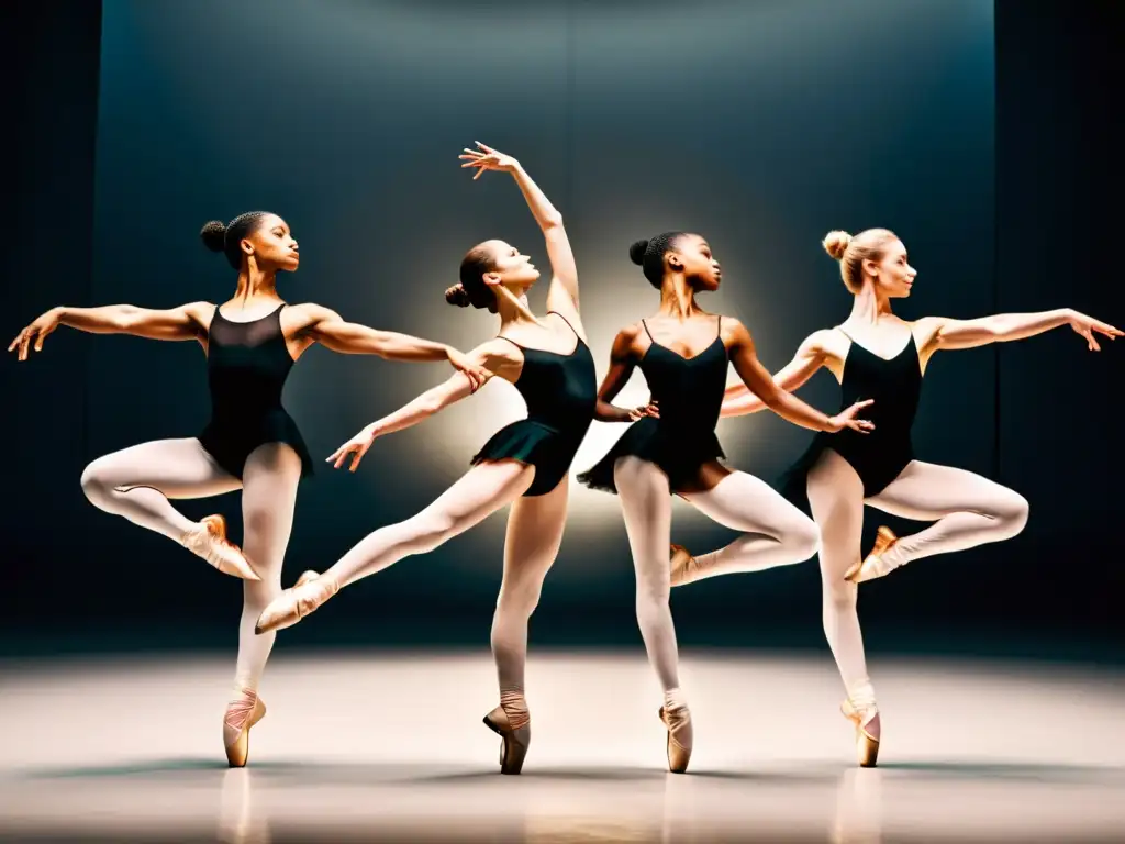 Grupo de bailarines de ballet mostrando fuerza y flexibilidad en una coreografía sincronizada