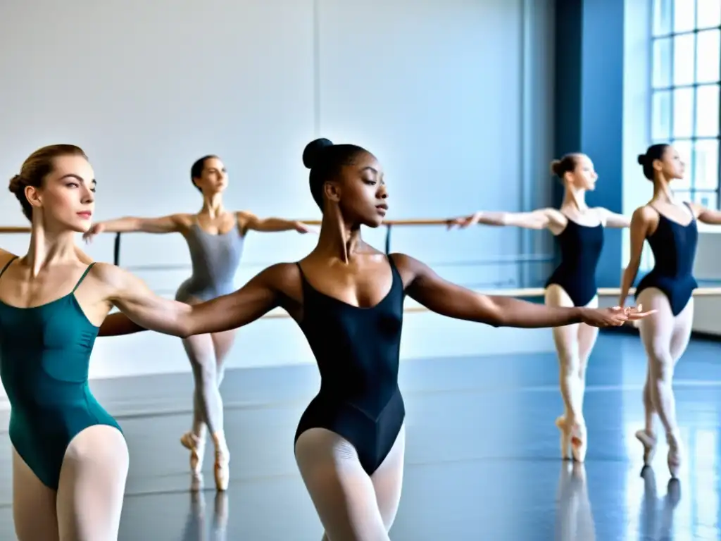 Un grupo de bailarines de ballet se prepara con intensidad en un estudio luminoso antes de una actuación