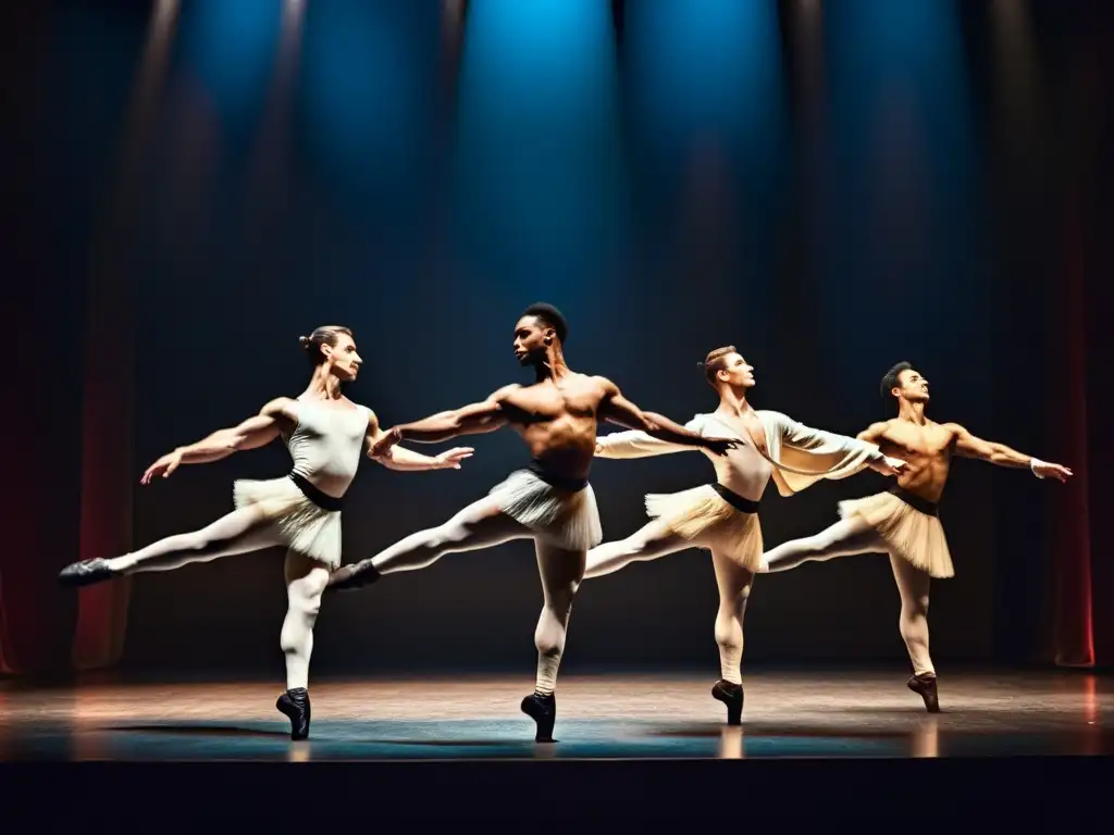 Grupo de bailarines de ballet masculinos en trajes tradicionales realizando una rutina poderosa y dinámica en un escenario tenue