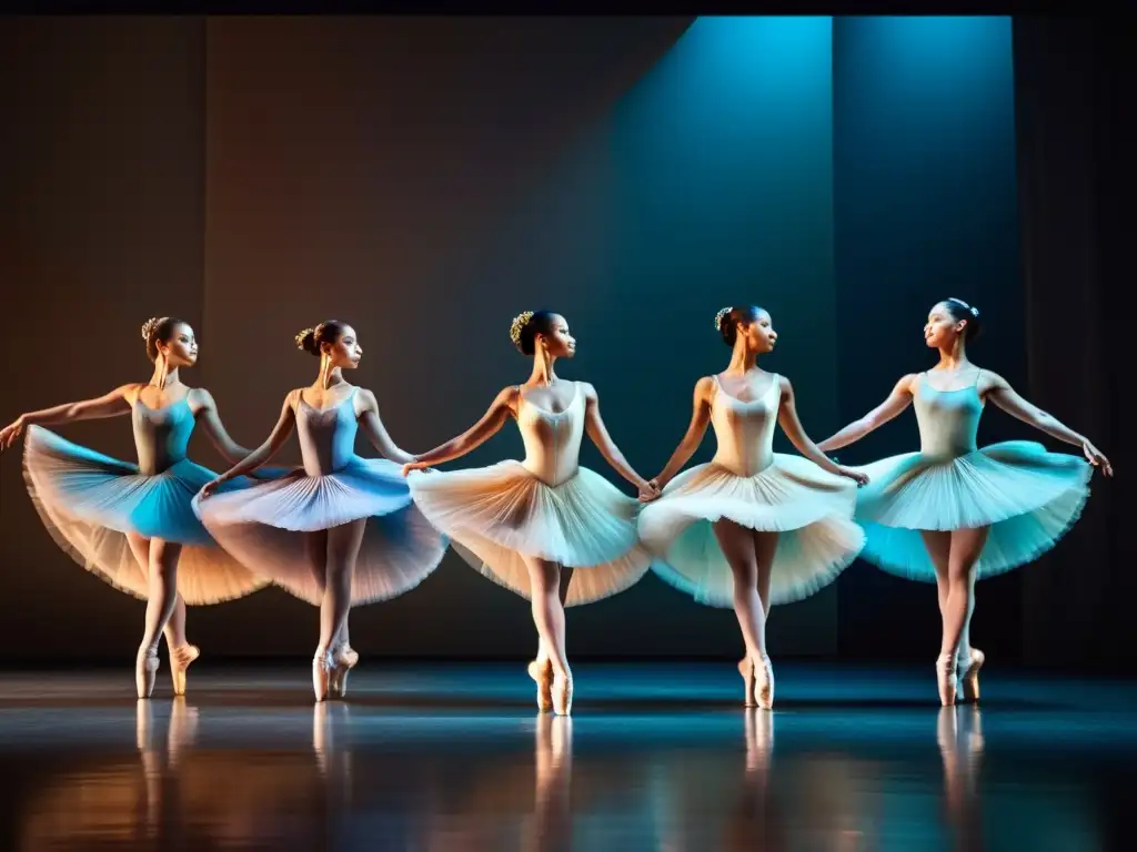 Grupo de bailarines de ballet en movimiento grácil, con trajes fluidos creando un despliegue de color y elegancia